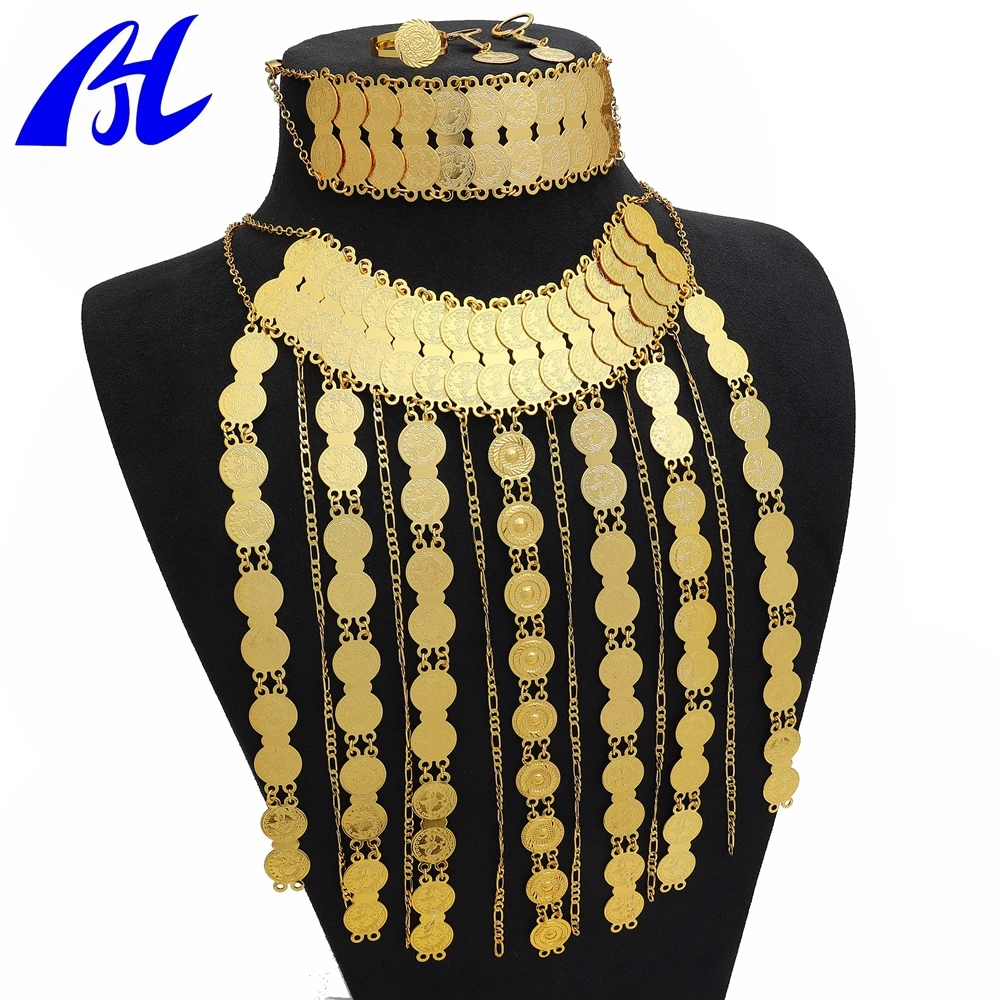 Ancient coin 21K gold plated extra long fringe pendant with coin necklaces with clothing pendant necklace jewelry set