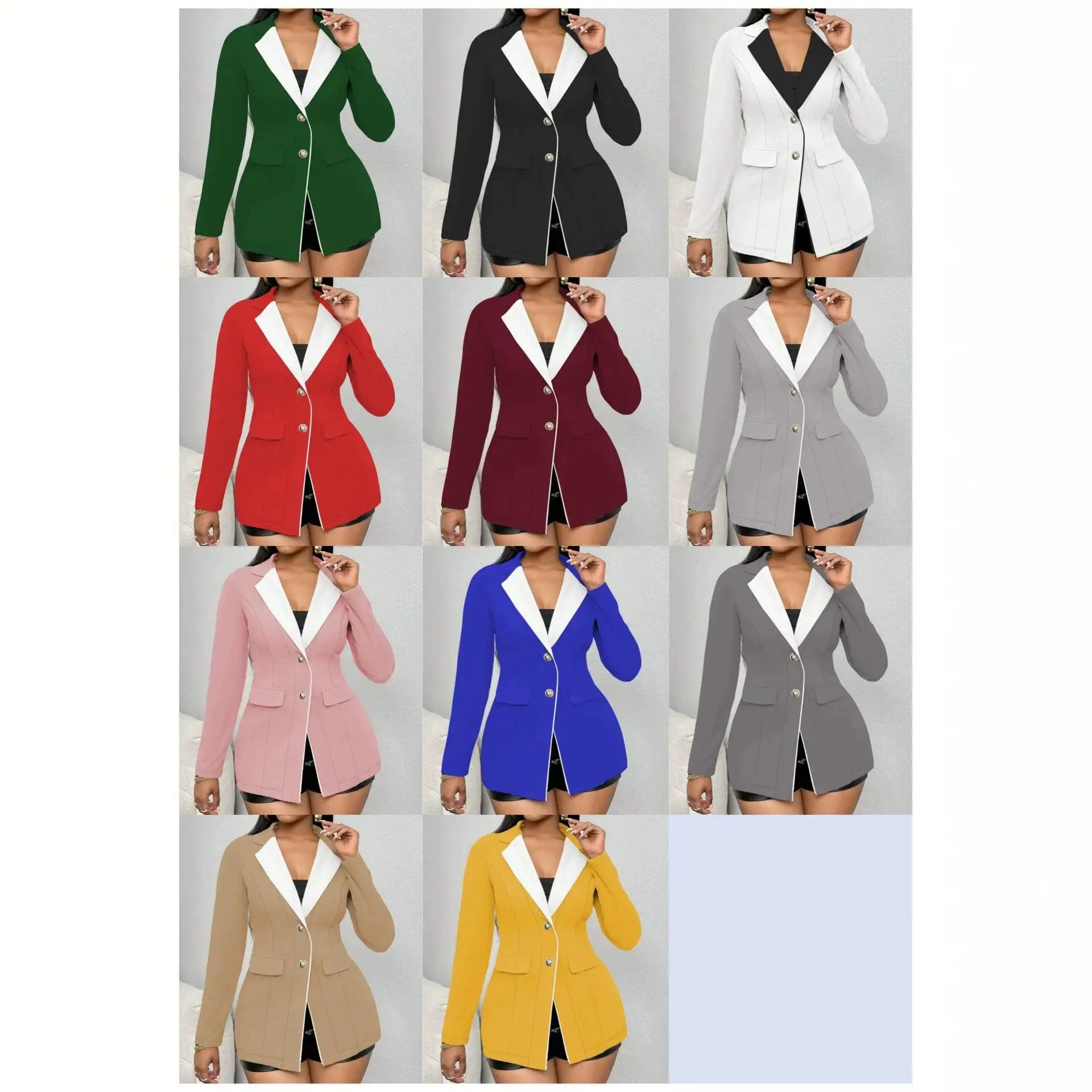 Women's Casual Two-Button Pocket Cover Flip Collar Color Block Autumn Winter Suit Jacket Commute Style Slim Fit Long Sleeve
