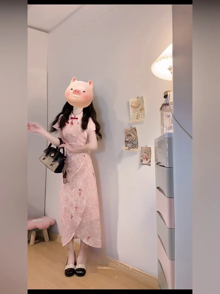 새로운 중국 스타일 핑크 플로럴 디자인 센세이션 여름 국가 트렌드 롱 드레스