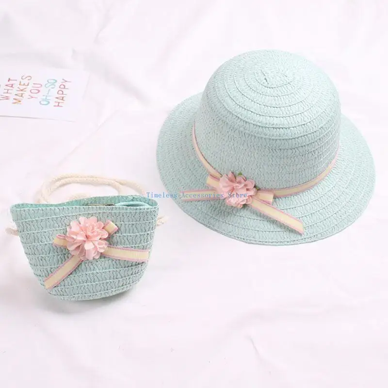 

97QE Kids Large Wide Brim Sun for Protection Straw Hat Summer Beach Woven Sweet Flower Bowknot Sun Cap and Shoulder B