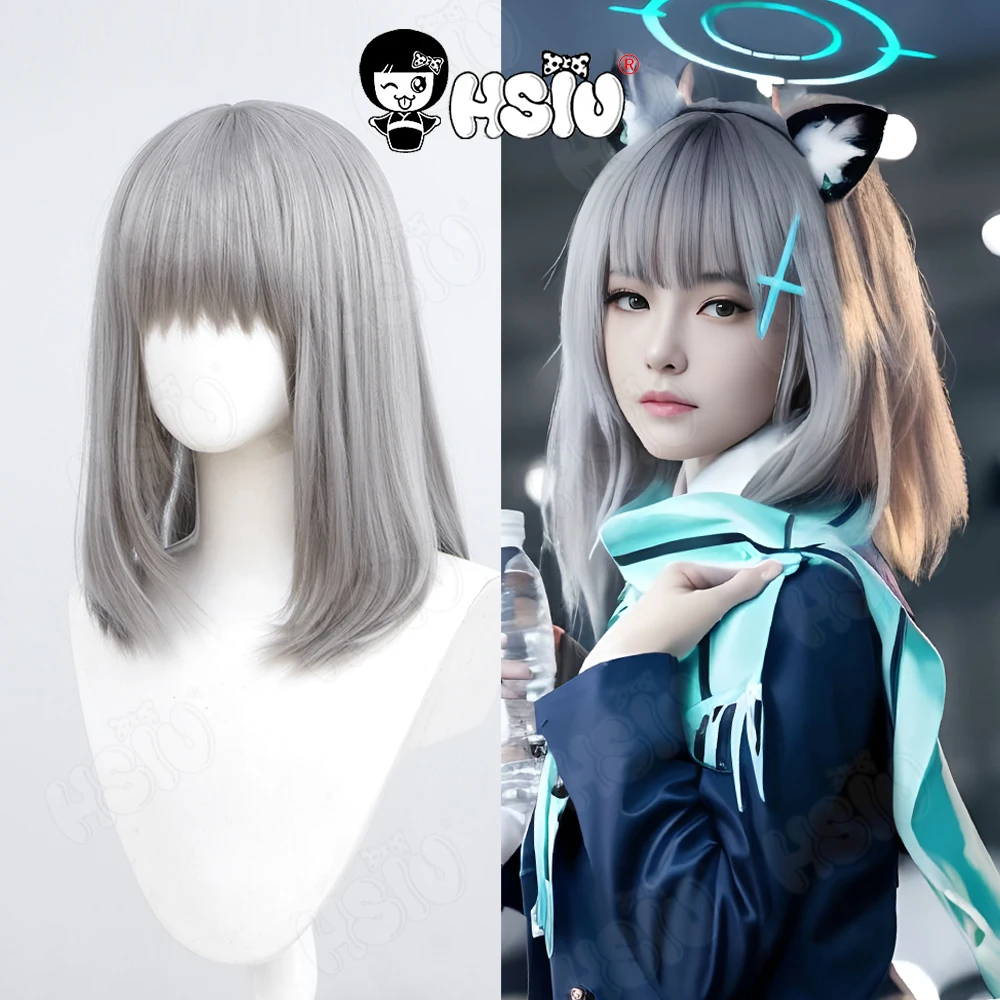 Sunaokami Shiroko peruka do cosplay HSIU 45CM jasnoszary krótkie włosy żaroodporna peruka syntetyczna + czapka z peruką gra niebieskie archiwum peruka do cosplay