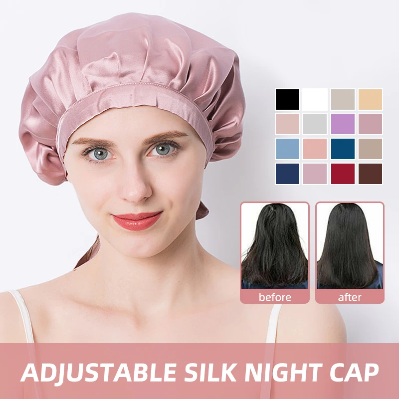 Women\'s Adjustable Lace-up  Mulberry Silk Sleep Hair Hat Care  Headwrap Hat Satin Sleeping Bonnet Night Cap