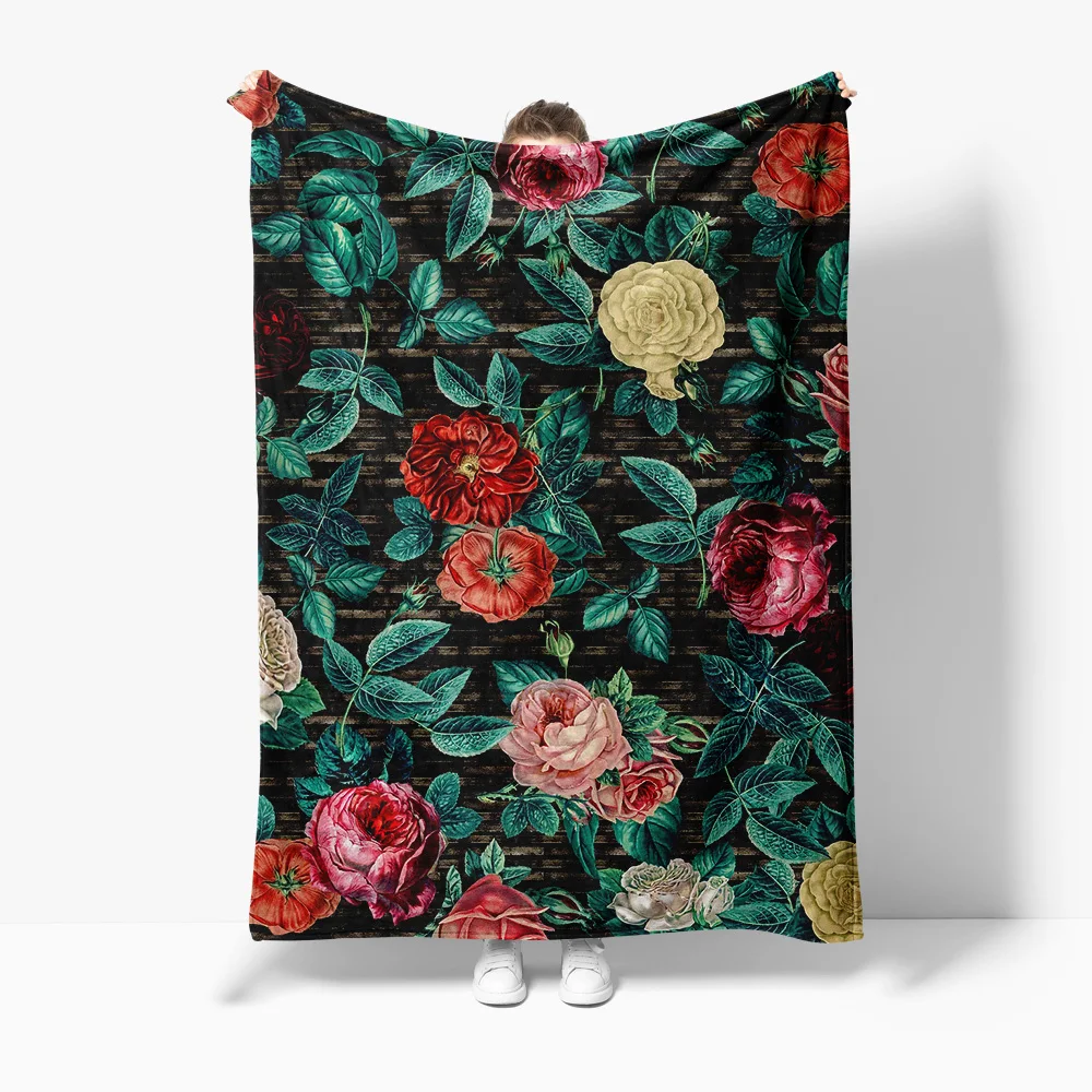 Vintage Floral Fleece Blanket Dark Red Rose Print Soft Warm Throw Blanket for Women Girls Gift