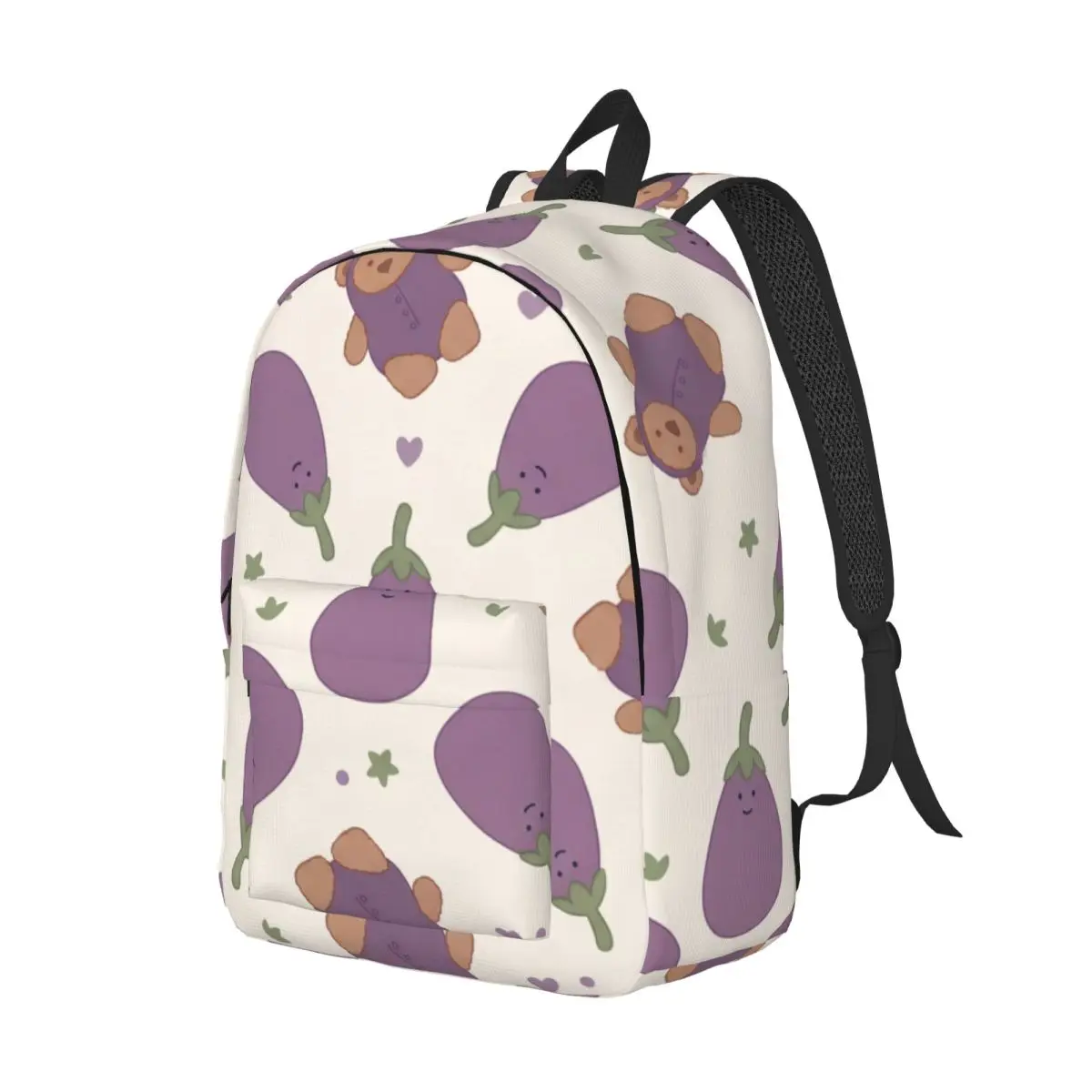 Kawaii School Backpack Tossed Eggplant Bear Whimsical Cute Purple Brown Cream Daypack for College Class Weekend Gift Soft Color
