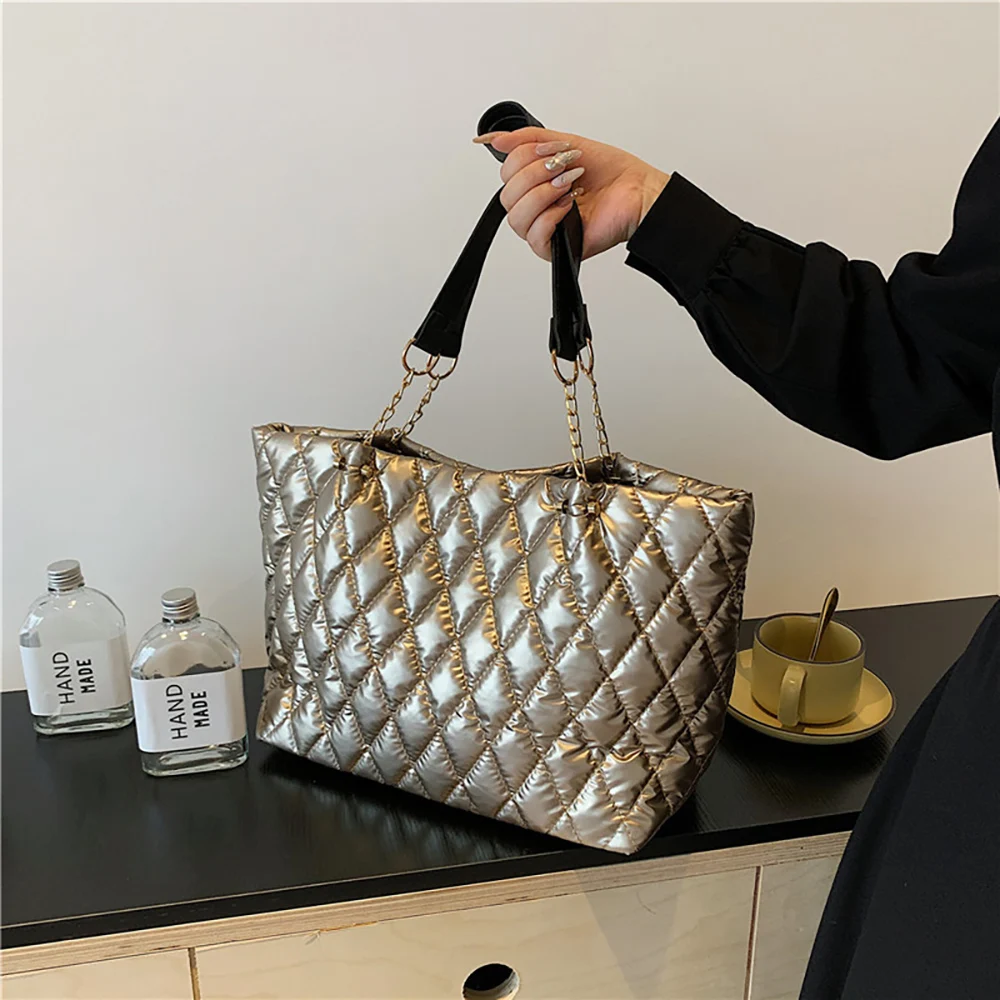 Large Capacity Women Tote Handbags Fashion Diamond Plaid Pu Leather Commuter Shoulder Bags Female Luxury Chain Underarm Bag