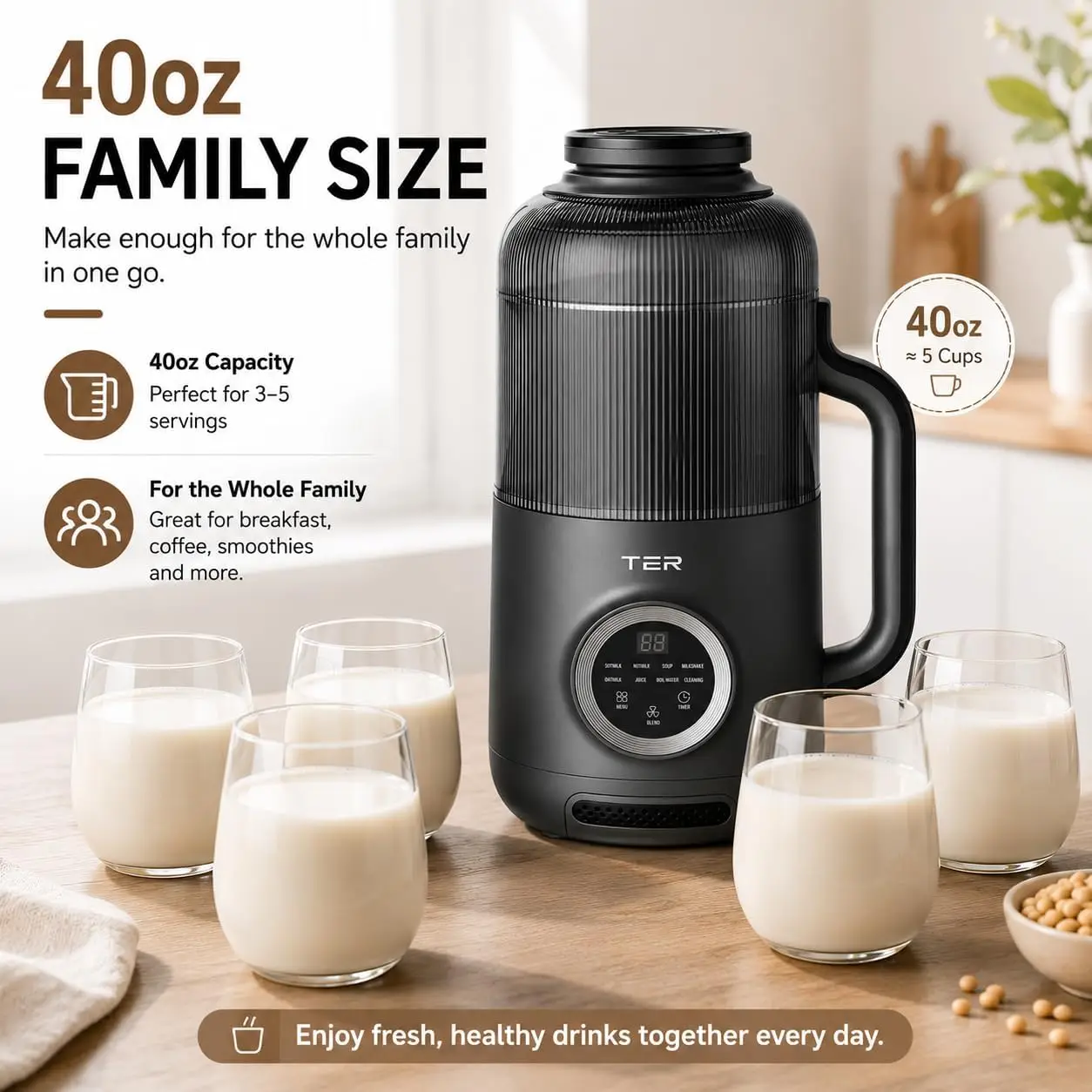 40oz Automatic Nut and Soy Milk Maker Machine, Plant-Based Milk Maker with 8 Smart Preset Programs for Almond Oat Soy, 12H Delay Start, Keep Warm and Self-Cleaning