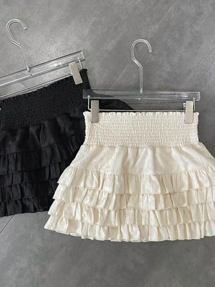 Streetwear Y2k Ruffles Mini Skirts Women Sweet Kawaii High Waist Lace A Line Skirt Summer Korean Fashion Black Ball Gown Skirts