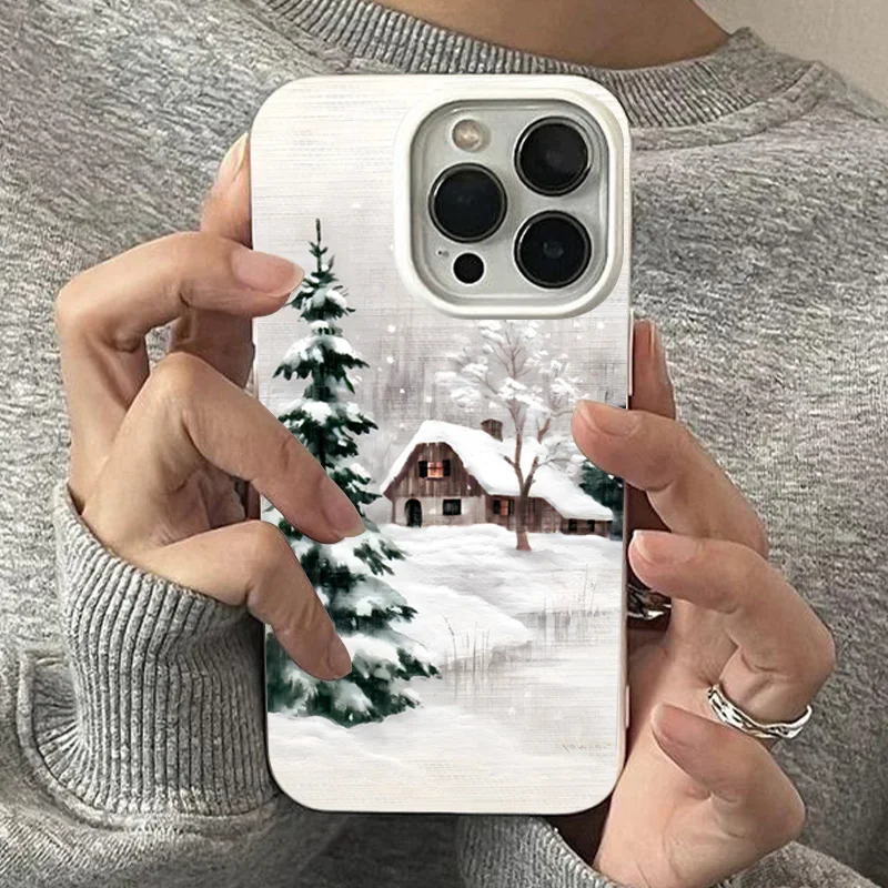 Christmas Winter Snow Tree Cabin Phone Case for iPhone 17 Pro Max Air 16 16e 13 12 14 15 Plus 11 Pro Max Shockproof Soft Cover