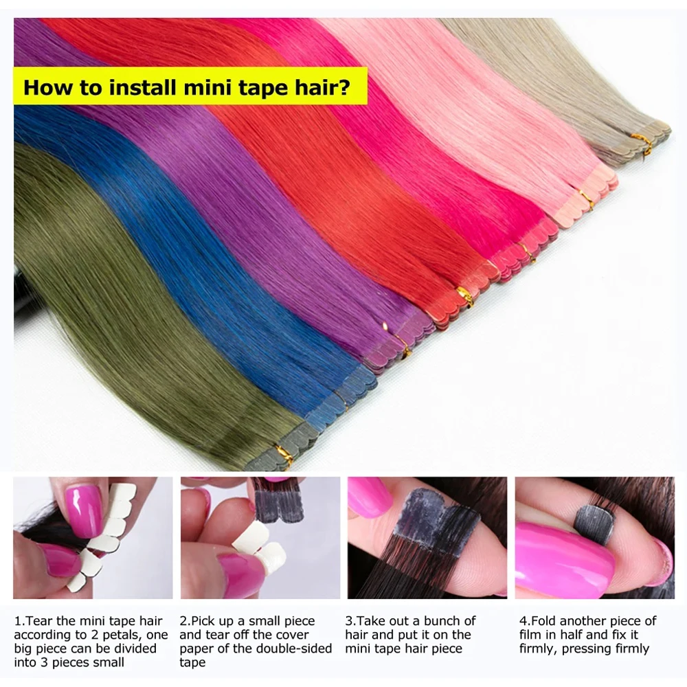 10pcs/pack Tape In Hair Extensions Invisible Adhesive Synthetic Colored Tape In Hair Extension Pink Purple Blue Colorful Hair image 6