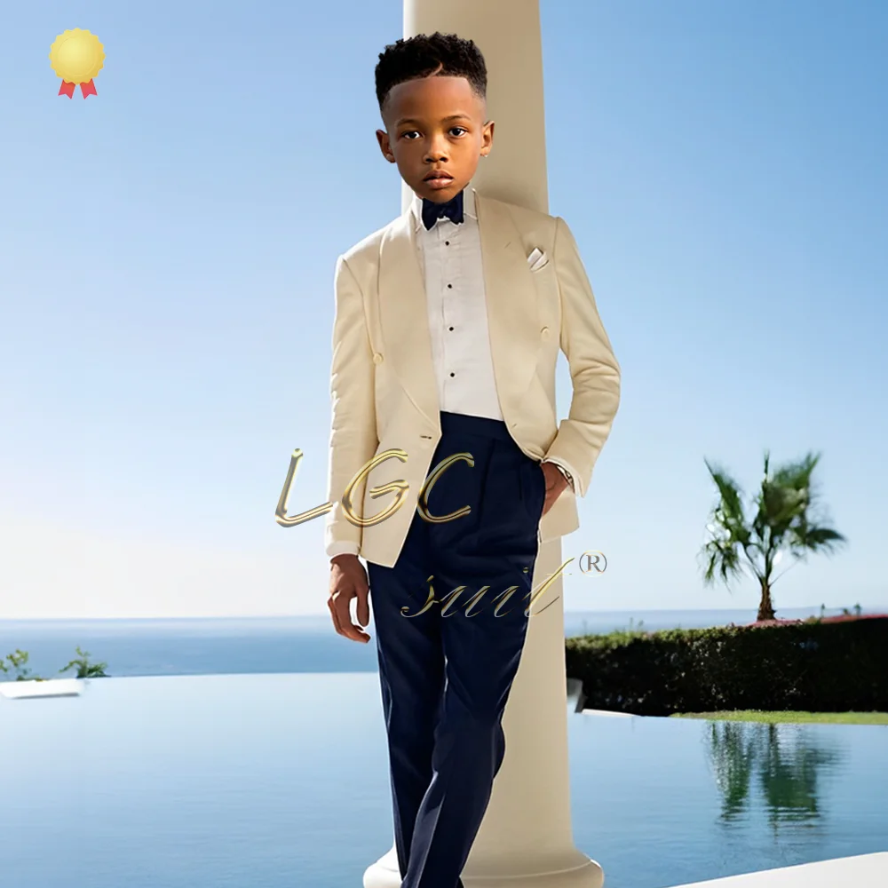 Boys solid color shawl collar suit dress and navy blue trousers 2-piece suit - suitable for weddings and birthday events