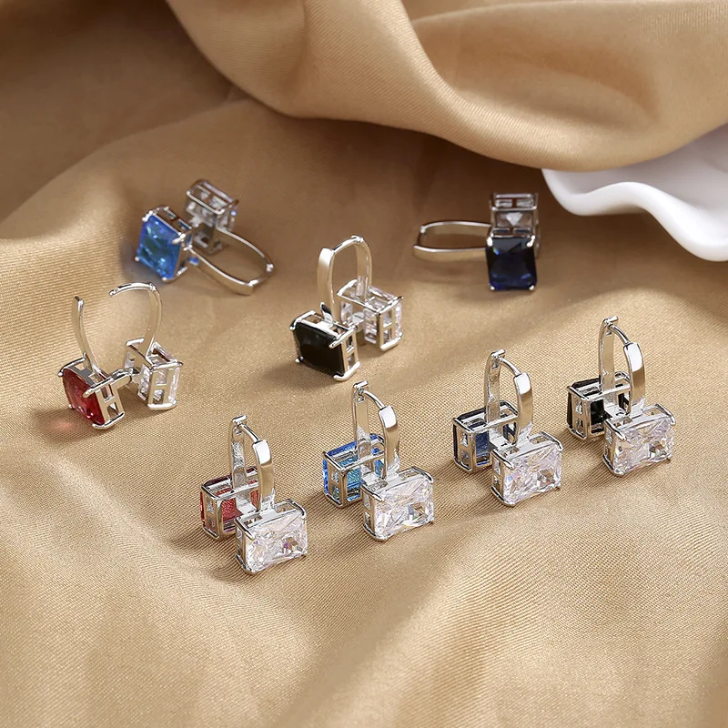 Bicolor Blue Red Black Stone Rectangle Hoop Earrings For Women Men Silver Color Square White Zircon Small Ear Buckle Jewelry CZ