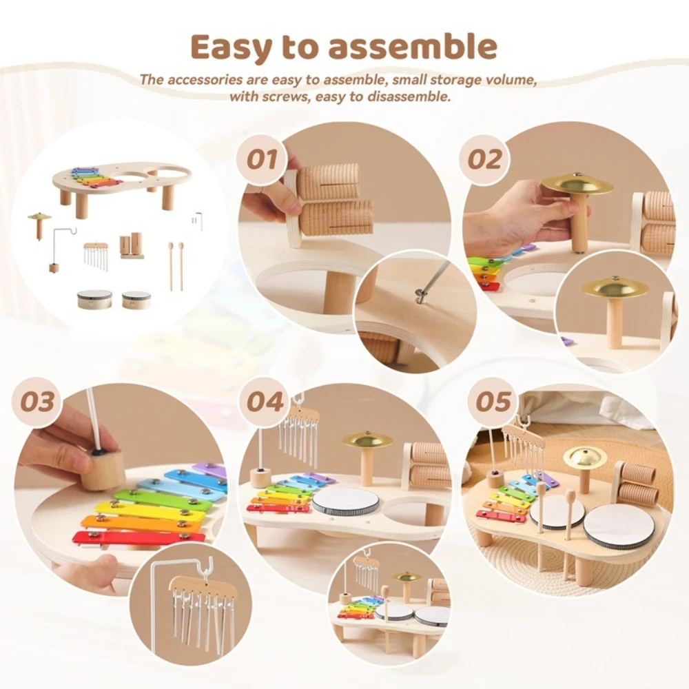 Multi functional Wooden Percussion Music Table Early Educational Enlightenment Instrument Toy with Drums Chime Bell