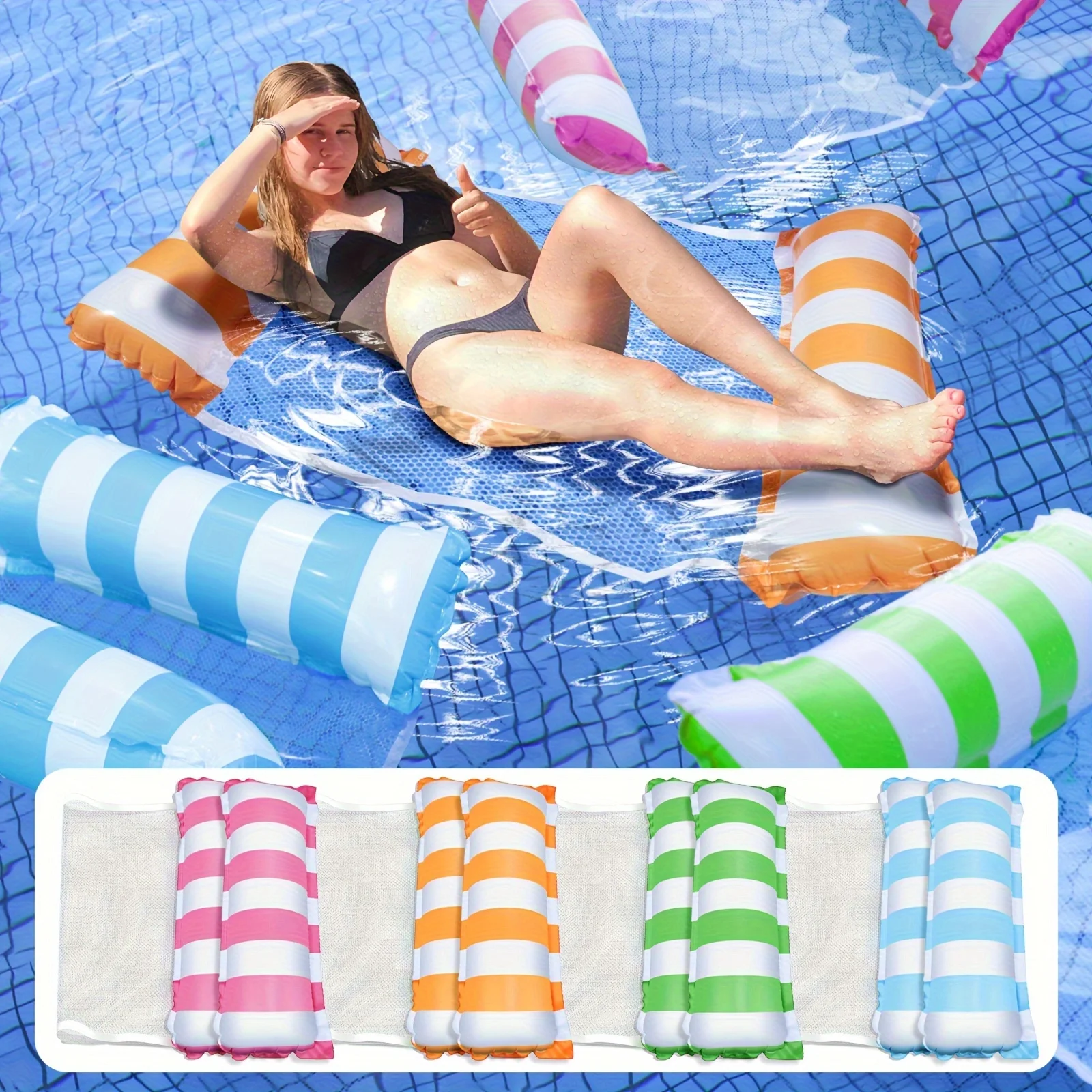 

4PCS Water Pool Floats, Float Hammock 4-in-1 Multi-Purpose Inflatable Hammock Pool Float Lounger Non-Stick PVC for Vacation Fun