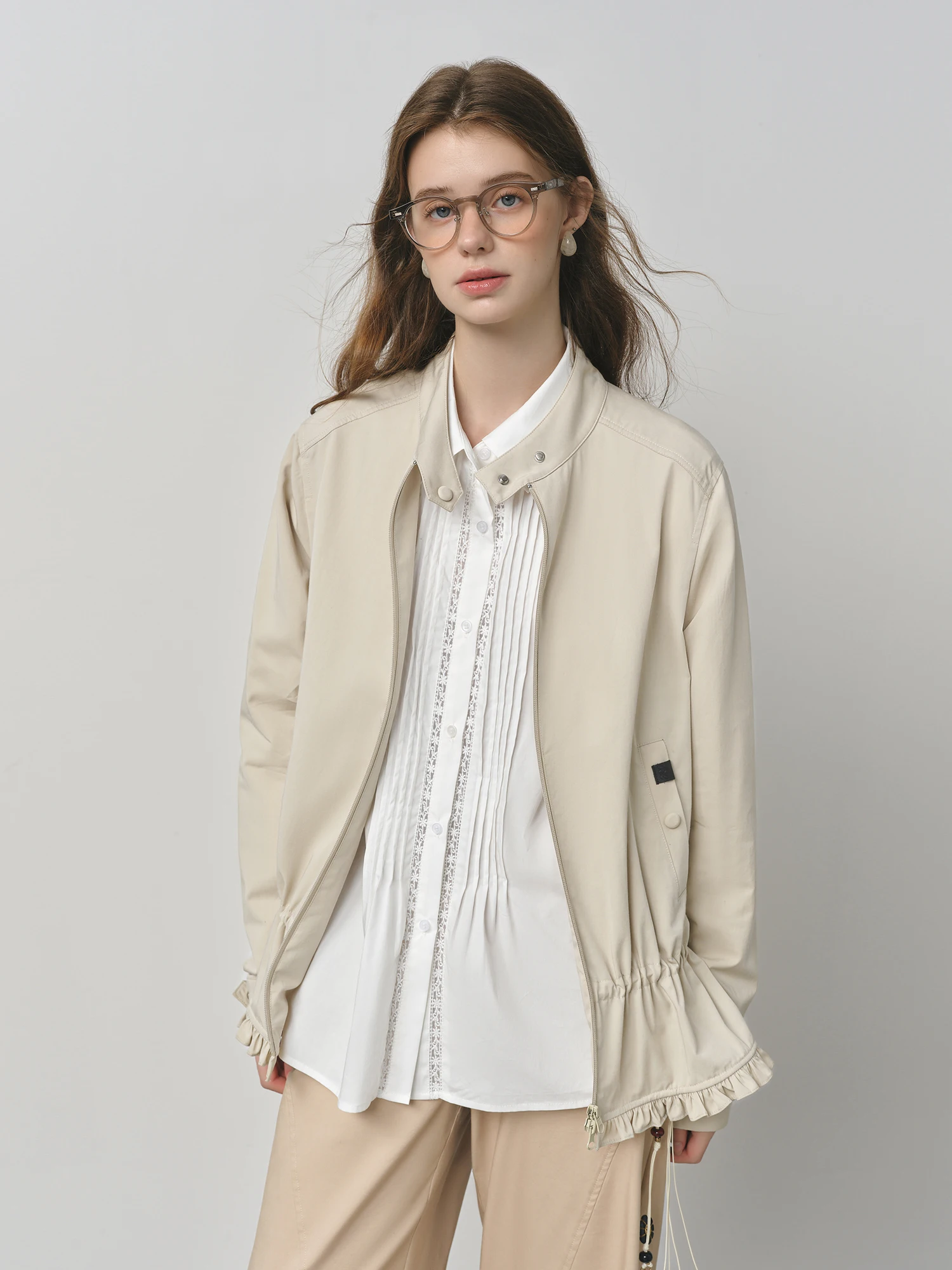 FSLE 2025 New Women Straight Shoulder Stand Collar Jacket 2025 Autumn Korean Style Drawstring Sweet Flower Bud Coat 25FS13144