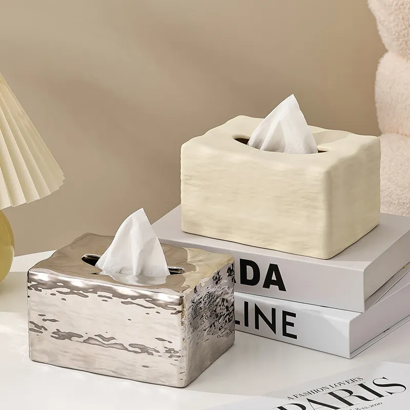 Creative Water Ripple Ceramic Tissue Box Living Room Pull-Out Tissue Box Electroplated Silver Napkin Holder Dining Table Decor