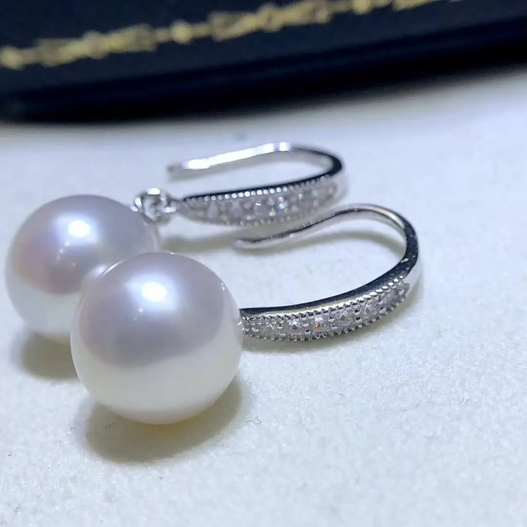 

free shipping 9-10mm South China Sea Round White Pearl Pendant Earrings 925s silver