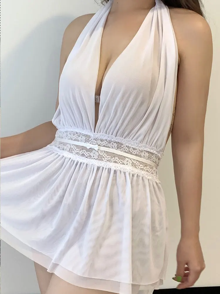 Sexy Nightie Lingerie Naughty Women Suspender Nightdress Backless Split Night Dress Lingerie Nightgown Sleep Tops Satin Pajamas