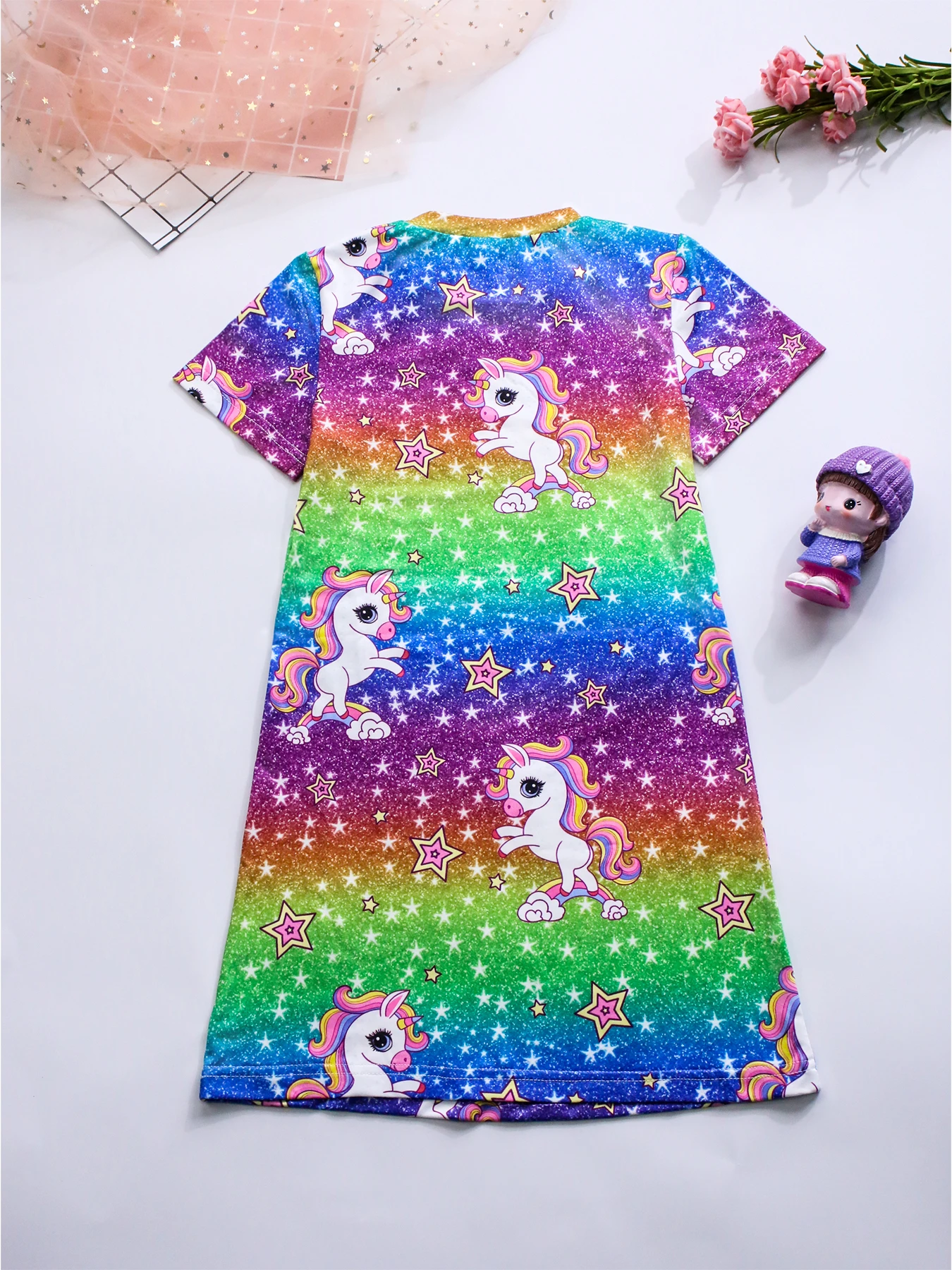 Cartoon Unicorn Gradient Print Girls Nightdress Comfortable & Cute Style Fashion Princess Pajamas For Girls, Kids' Cozy Loungewe