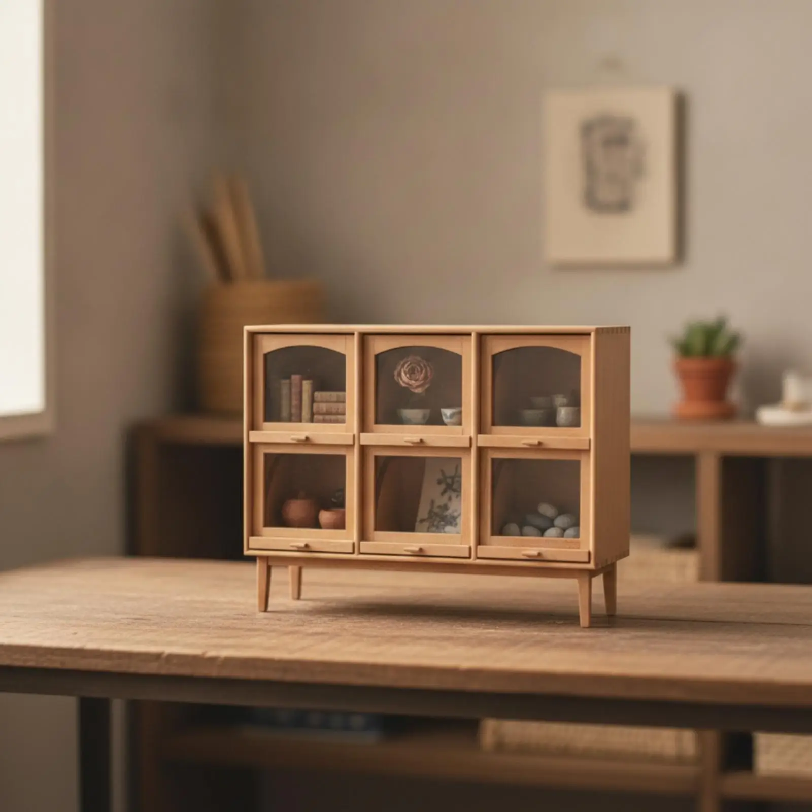 Wooden Dollhouse Cabinet with Classic Vintage Design and Arched Door Front for Miniature Shelf Display Decor