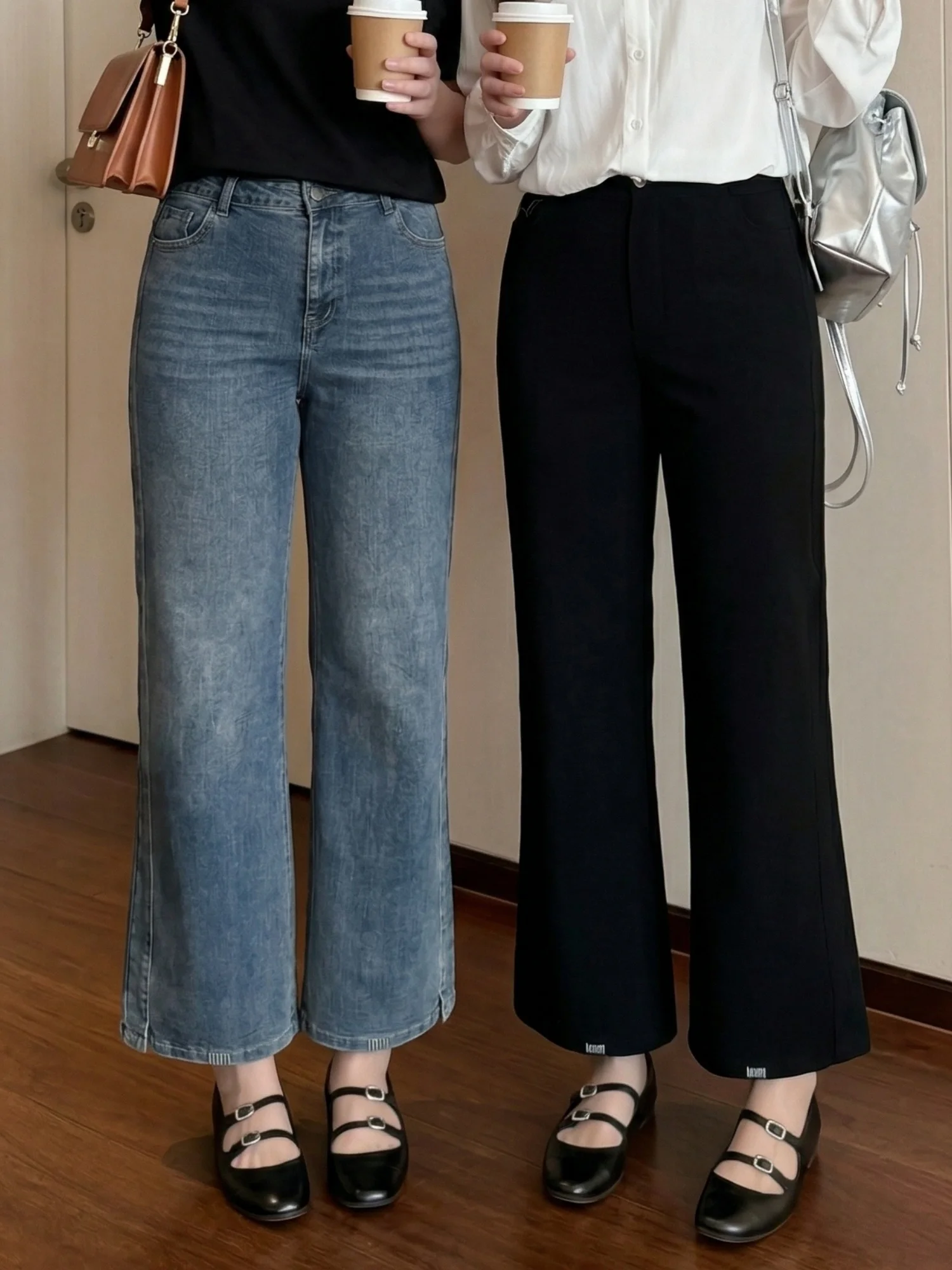 

plus Size Women's Spring Elastic Waist Tube Jeans Slimming Micro Flared Pants High Waist Cotton Blend Straight Leg Trousers