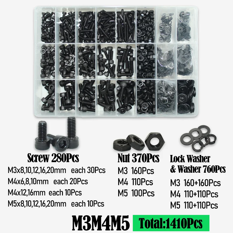 Schwarzes Sechskantschrauben-Sortiment-Kit m2 m2, 5 m3 m4 m5 m6 din912 2,5 Sechs kant Innen sechs kant kappe metrische Inbus muttern Schrauben und Unter leg scheiben – Detail 8