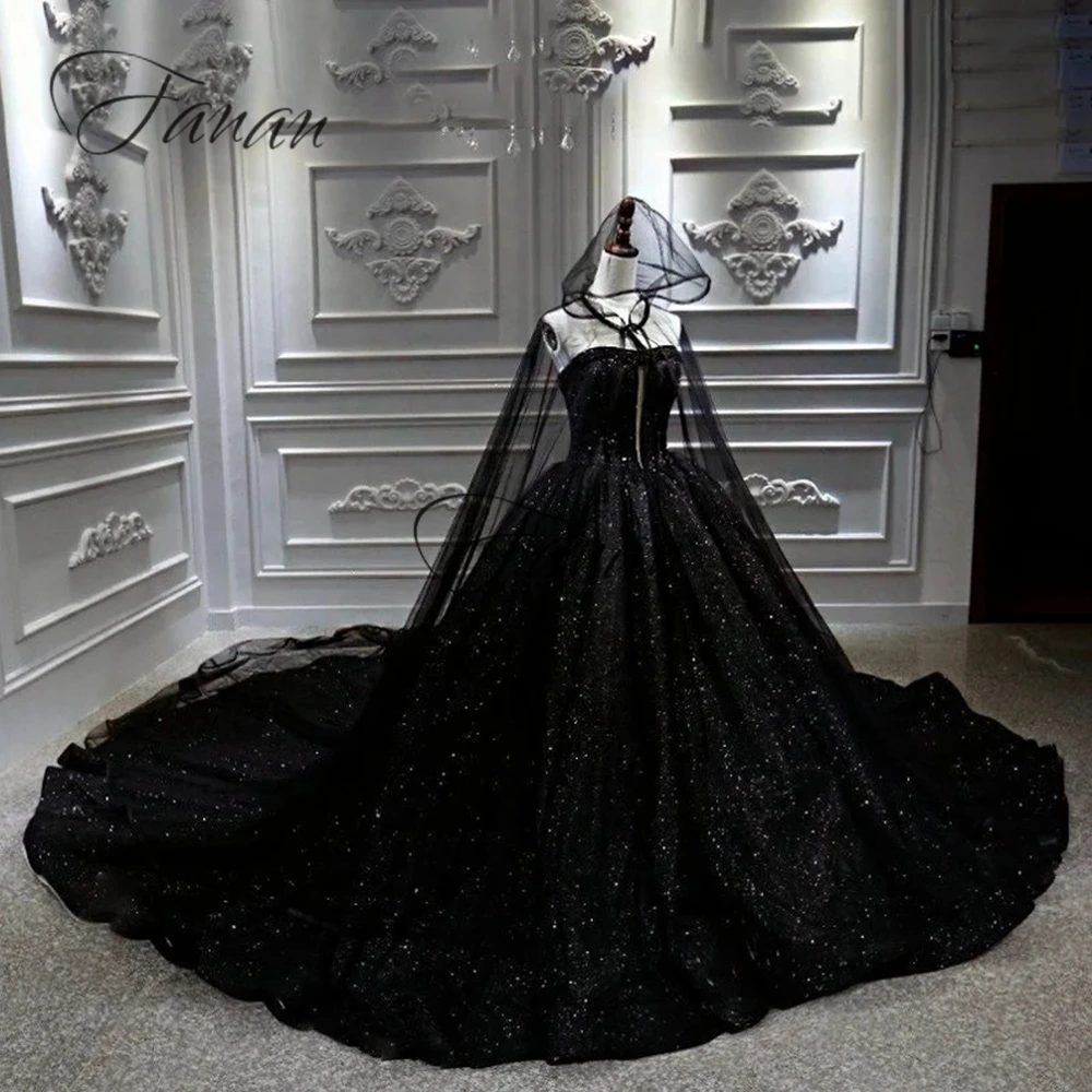 Customized Luxury Strapless Black Wedding Dresses Cathedral Train Halloween Ball Gown For Women Empire Princess Sequined Bridal 