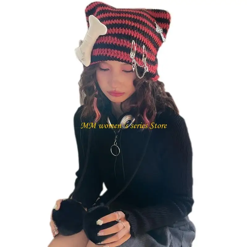 Q39C Devil Horn Hat Little Devil Hat Ear Beanie Striped Knit Hat Earflap Beanie