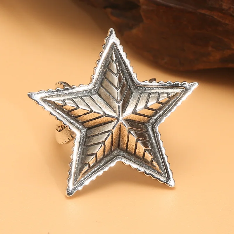 

European and american punk hip hop big star ring 925 sterling silver big five-pointed star ring thai silver distressed ring