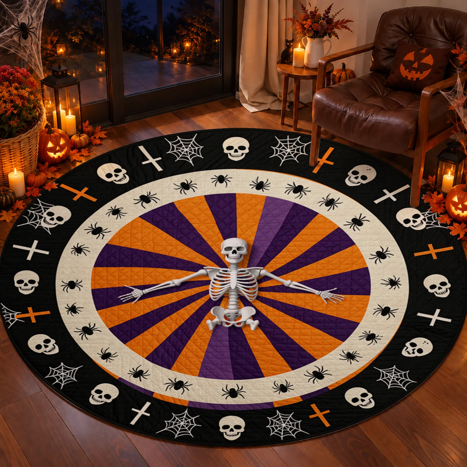 Round Halloween Skeleton Skull Spider Web Velvet Area Rug, Machine Washable, Stays Firmly In Place, Ideal for Living Room, Bedroom, Entryway, Great for Halloween, Thanksgiving, Christmas, New Year, Black Friday, Cyber Monday Decor
