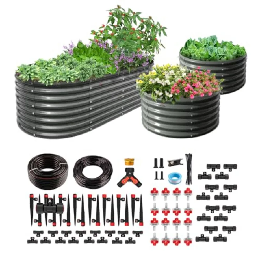 

Комплект приподнятых грядок с системой капельного орошения 230 футов, овальная металлическая грядка 8x4x2 фута + 2 круглых металлических кашпо, цвет кварцевый серый