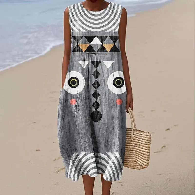 

Sleeveless Dress 26 New Style Large Version Loose Casual Round Neck 3D Geometric Print