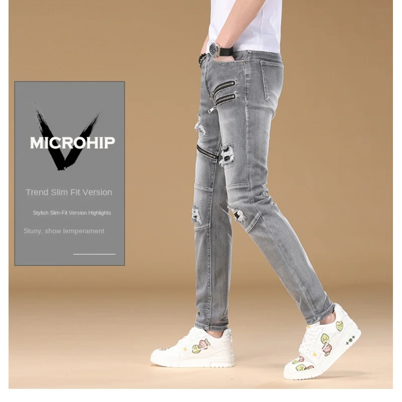 Celana Jeans Motor Pria Musim Semi Gugur 2025 Slim Fit Model Kaki Kecil Trendy Merk Fashion Personalized Panjang