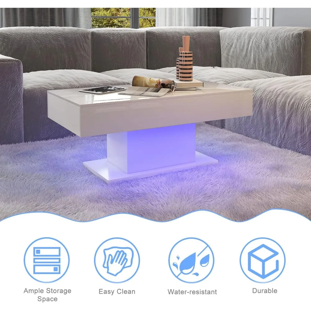 Led Coffee Table for Living Room, Living Room Table Rectangular Center Table, Modern High Glossy Wooden Coffee Tables with 16 Co