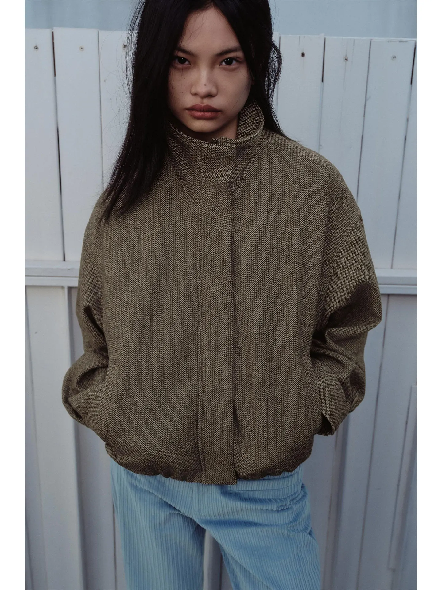 

Весна 2026, повседневное свободное твидовое женское модное американское пальто из смешанного волокна, длинное светящееся пальто на молнии