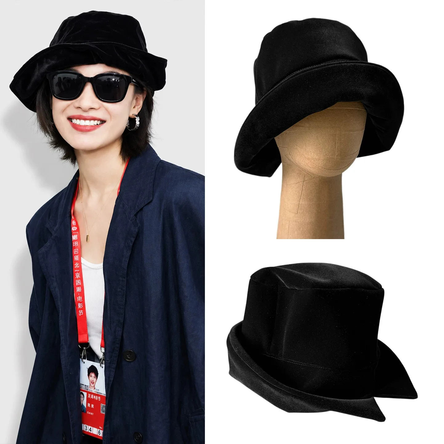 2027 Autumn Winter Black Velvet Envelope Flip Brim Beret for Women, Asymmetrical Rolled Edge Fashion Hat