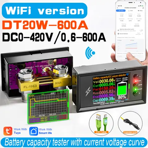 DC 0-420V Tuya WiFi Smart Lithium Battery Capacity Detection Tester DC Digital Display Current Voltage Coulomb Power Meter DT20W