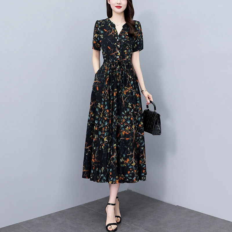 Quality Floral Chiffon Casual Dress Women Bodycon Vintage Elegant Party Long Dress 2025 Summer New Chic Prom Luxury Midi Vestido