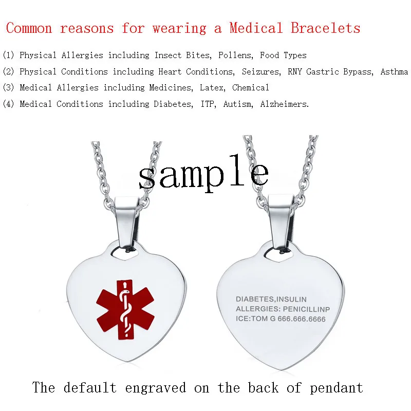 Vnox Custom Engrave Heart Shape Medical Alert ID Pendant Necklaces for Women 20 Inches Chain