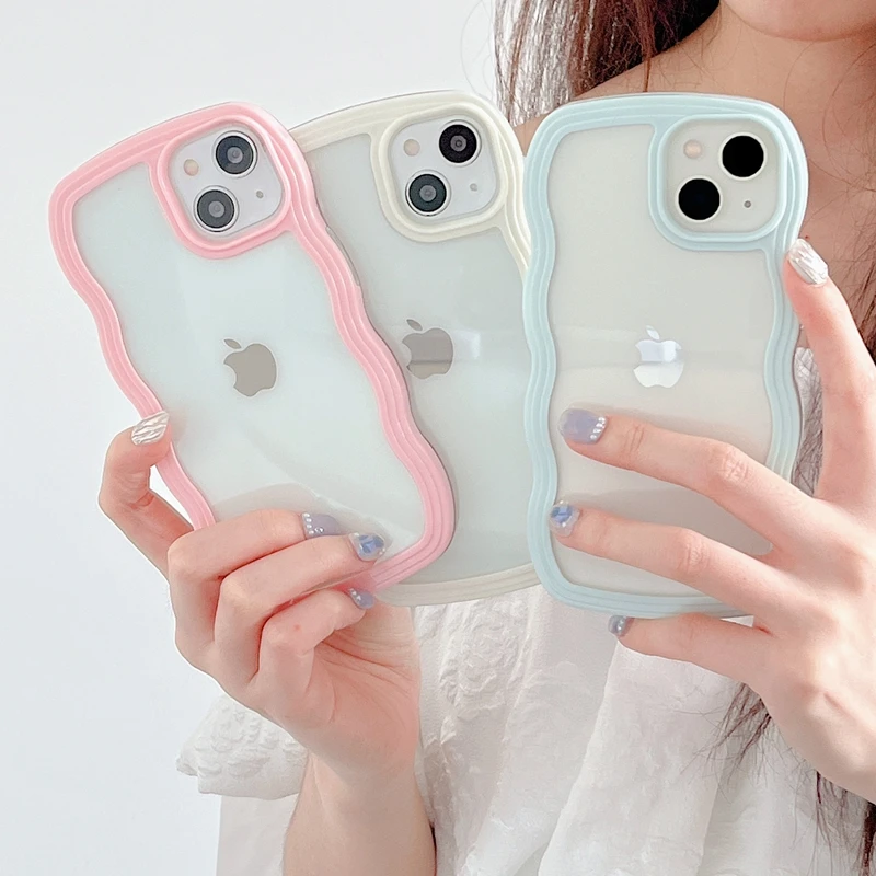 2-IN-1 Wavy Lines Shell Shockproof Phone Case For iPhone 11 12 13 14 Pro Max XS  X XR 7 8 Plus Transparent Cover