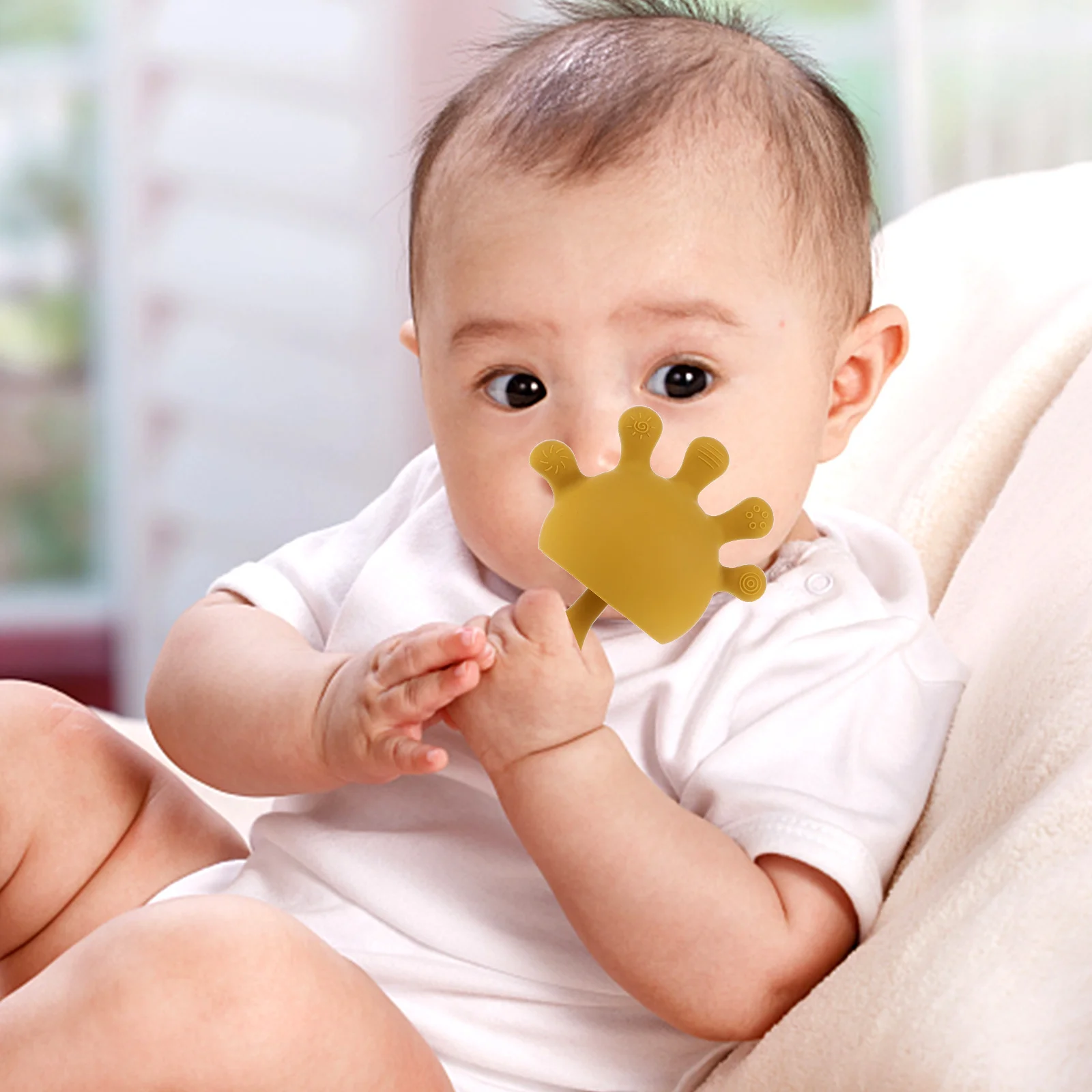 2 قطعة خشخيشات تسنين للأطفال من السيليكون على شكل يد مدمجة في جرس آمن للمضغ لتخفيف السفر والتنسيق اليدوي للرضع #4