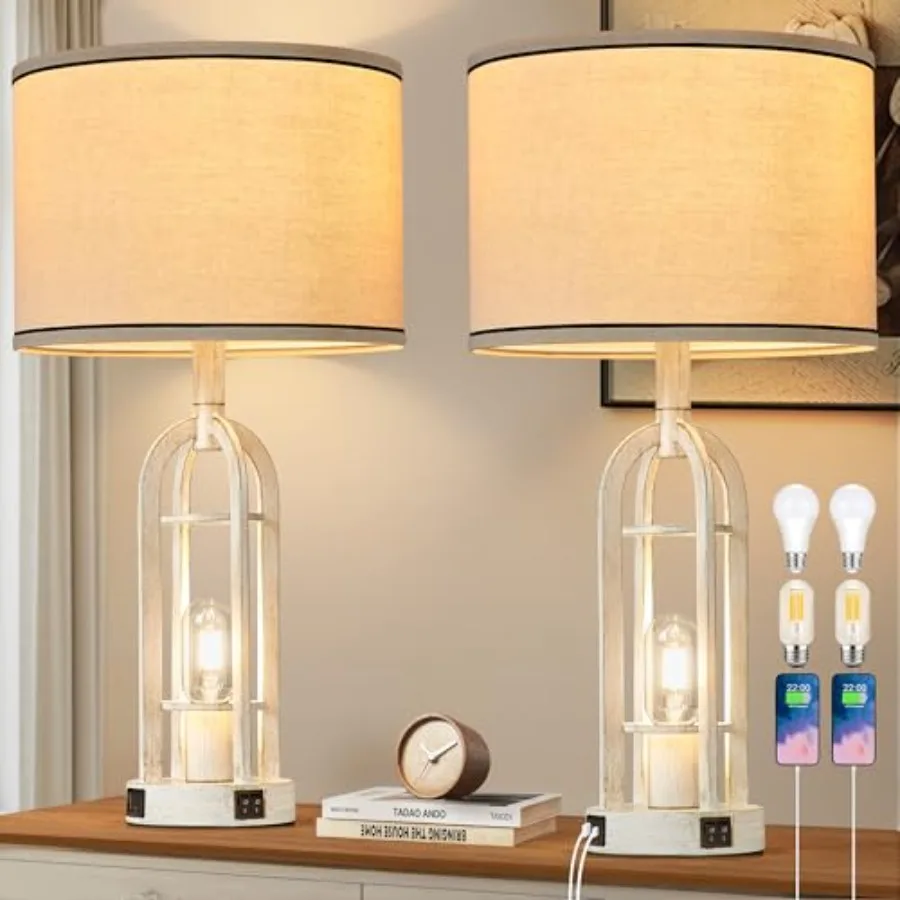 

Farmhouse Table Lamps for Living Room Set of 2 - Rustic Industrial Lamps for Night Stands with Night Light and USB A+C, 24" Vin