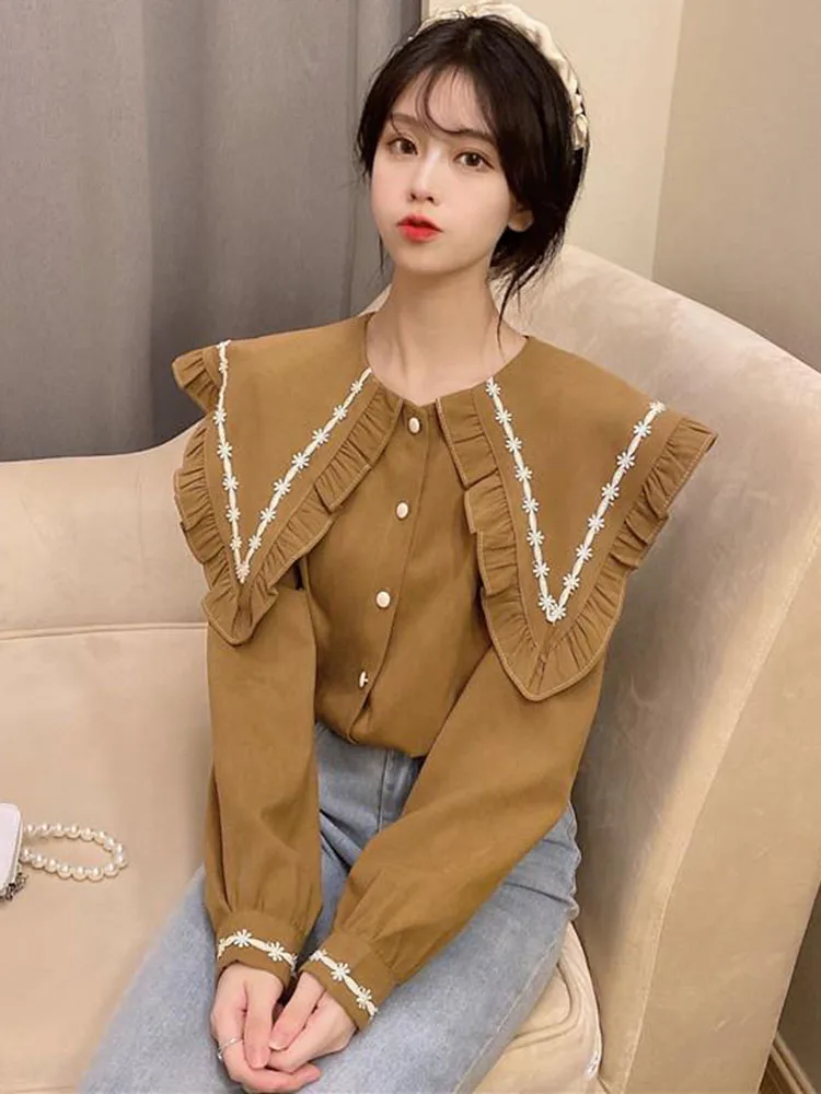 Jmprs Embroidery Sweet White Shirt Women Loose Casual Long Sleeve Korean Blouse Elegant Preppy Style Chic Peter Pan Collar Tops