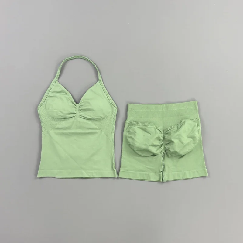 2-teiliges HISTELLO Impact Set für Damen, GYM Longline Strappy Top, nahtloses Yoga-Set, Scrunch Butt Sportshorts, Workout-Fitness-Anzug – Detail 27