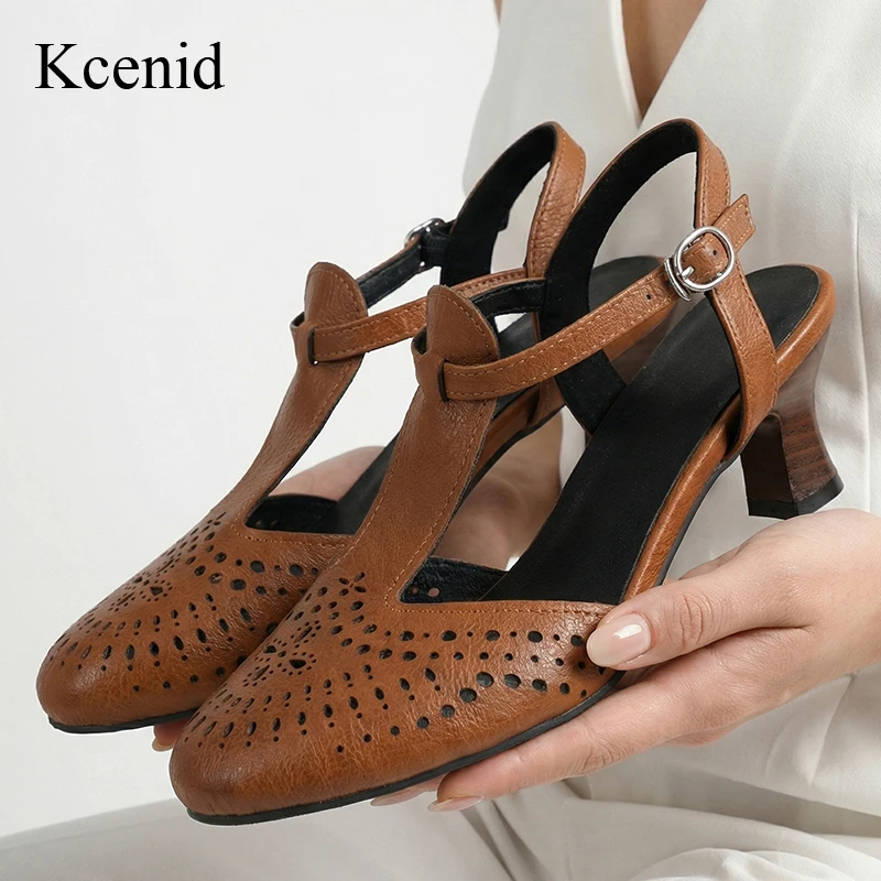 

Женские летние туфли Kcenid с Т-образным ремешком и пряжкой, ретро-сандалии на высоком каблуке с круглым носком, с ремешком на щиколотке, большие размеры 34-50