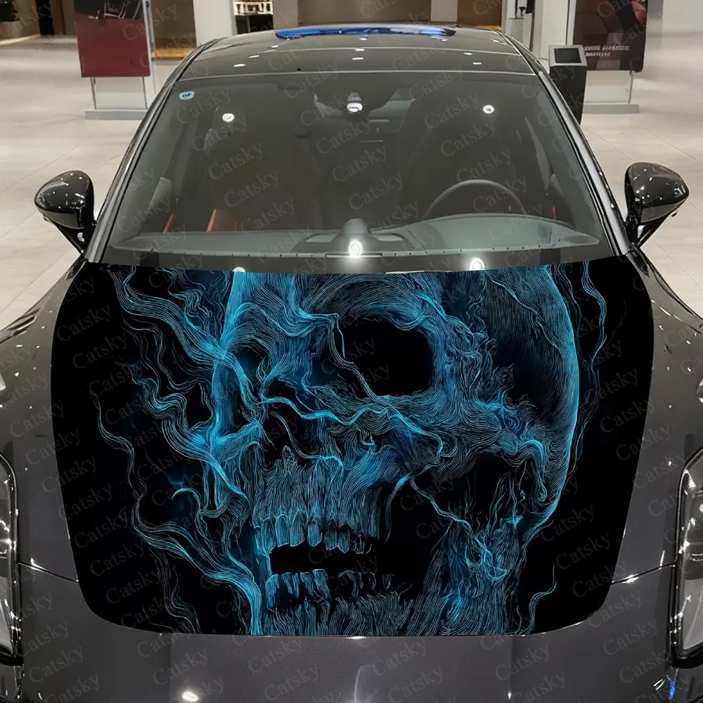 

Cyan Flame Ghostly Skeleton Car Vinyl Wrap, PVC Material Waterproof Car Hood Sticker, Self-Adhesive Scratch-Resistant Stickers