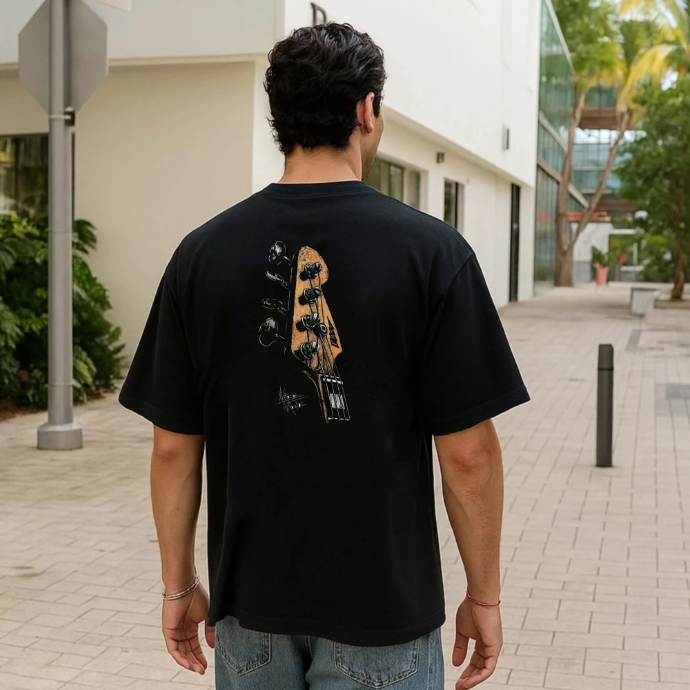 Men' S Vintage Bass Guitar Headstock Sketch Graphic T-Shirt Men Back Print Cotton Short Sleeve Rock Musician Bassist Casual Tee