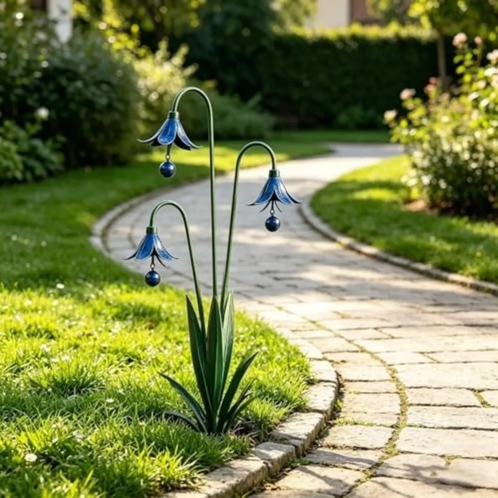 Creative Metal Garden Stake Rustic Flower Shape Triple Bluebells Garden Stake Handmade Outdoor Yard Ornament for Garden