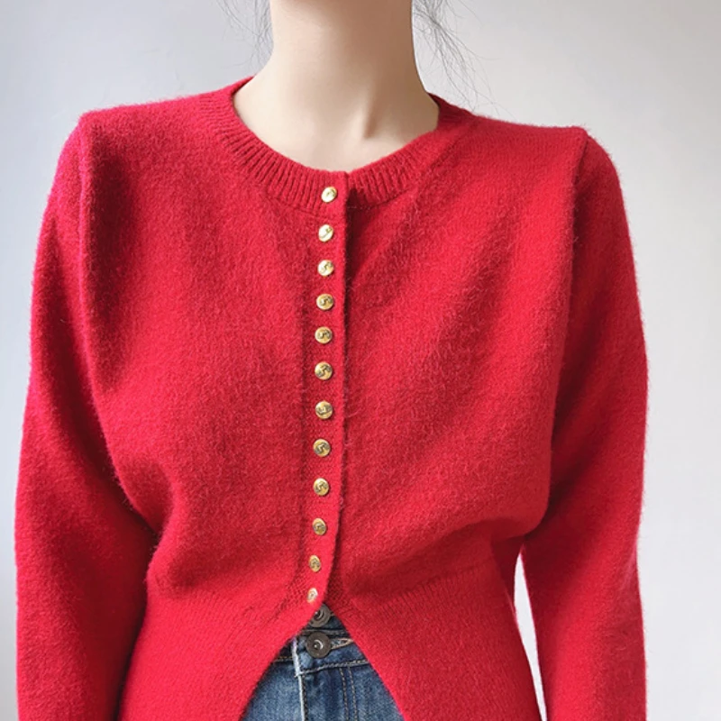 

2023 Autumn Winter New Tide Tipsy Tone Red Christmas Slit Knitwear Women Loose Short Freshnesss Weater Cardigan Coat with Top