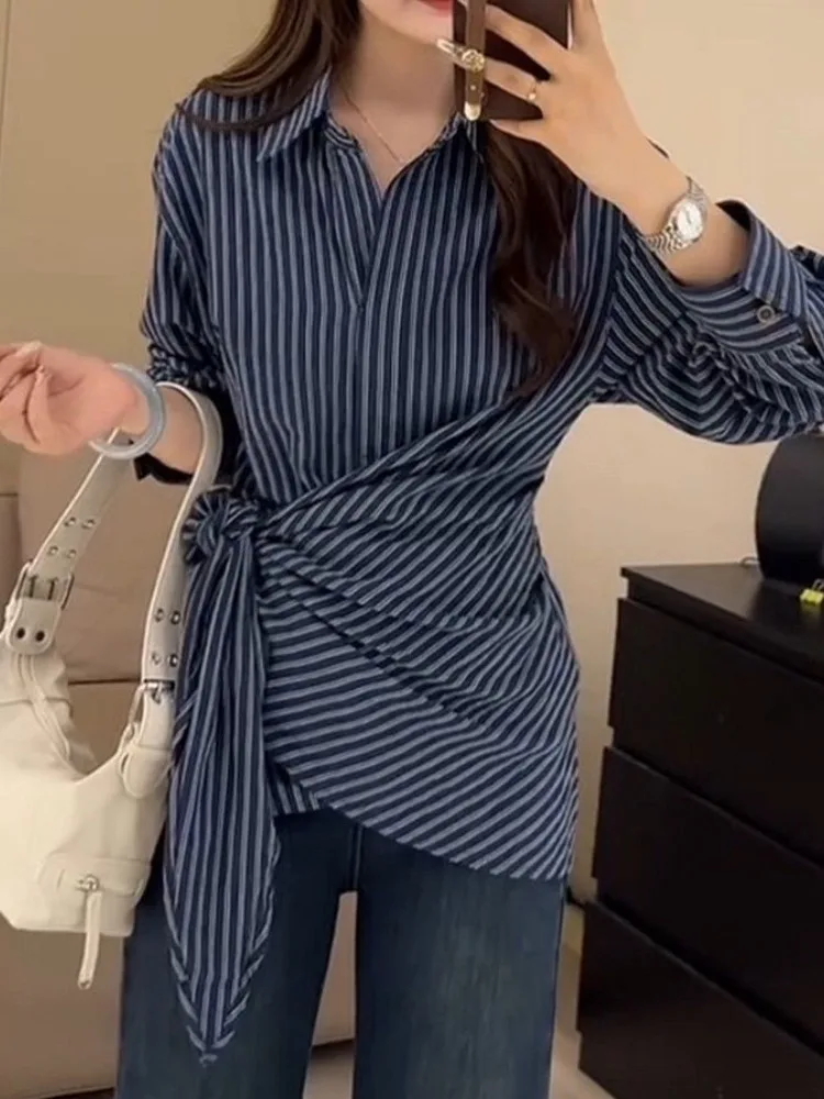 

Chic Korean Sle Women's irt with Belt Long Sve Striped Turn-down Collar Commute Friendly Loose Fit Ciwalk Top