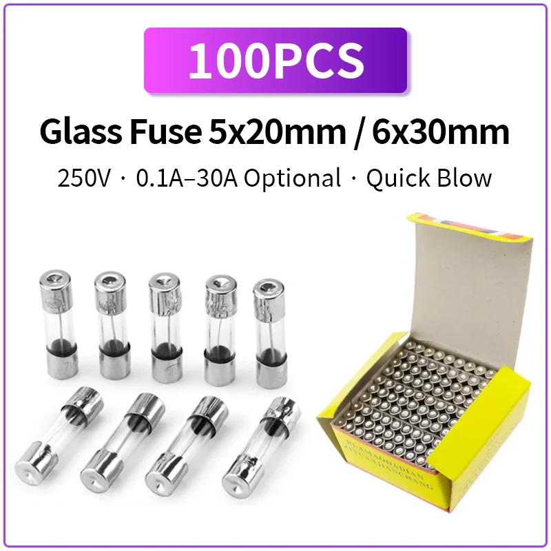 100PCS 5x20mm 6x30mm Glass Tube Component 250V 0.1A-30A Fast Acting Electronic Protection Part